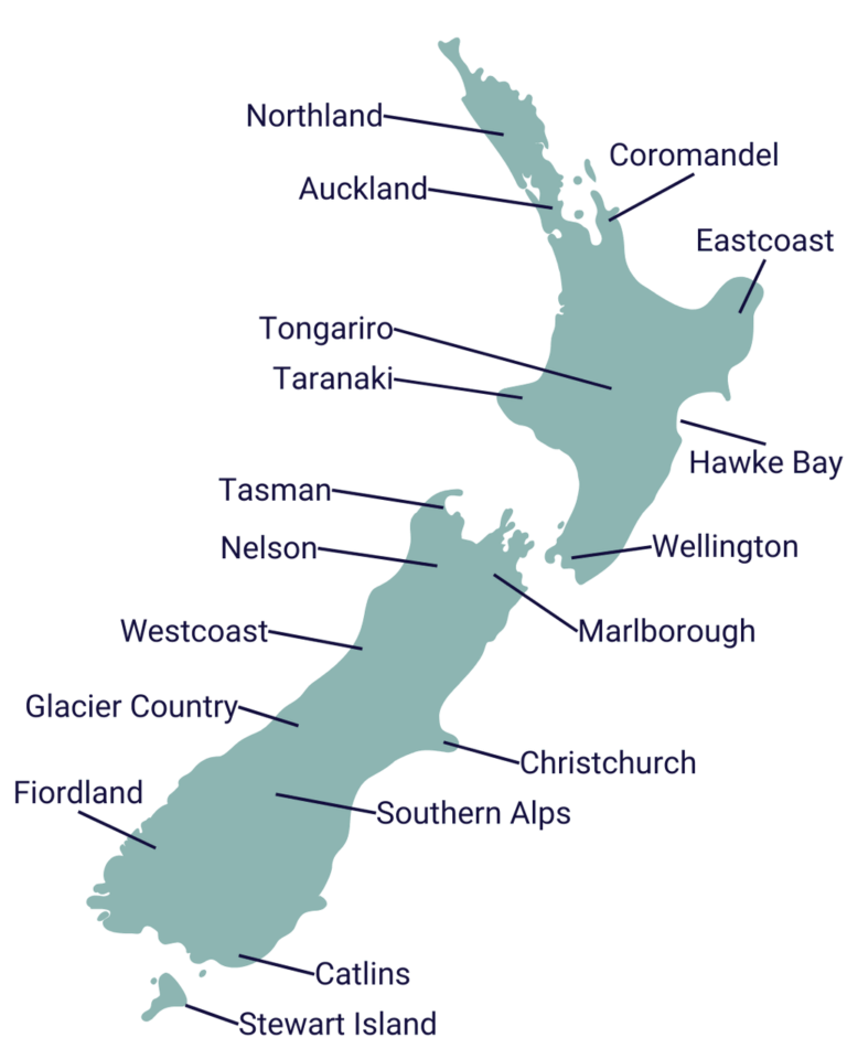Kontur von Neuseeland mit einer Kennzeichnung von Bereicheen